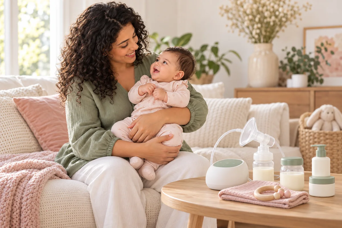 Une maman avec son bébé, accompagnés d’un tire-lait et d’accessoires de puériculture