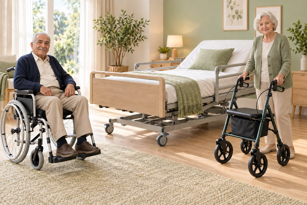 Un couple âgé, le mari assis dans un fauteuil roulant et son épouse derrière un rollator, près d’un lit médicalisé