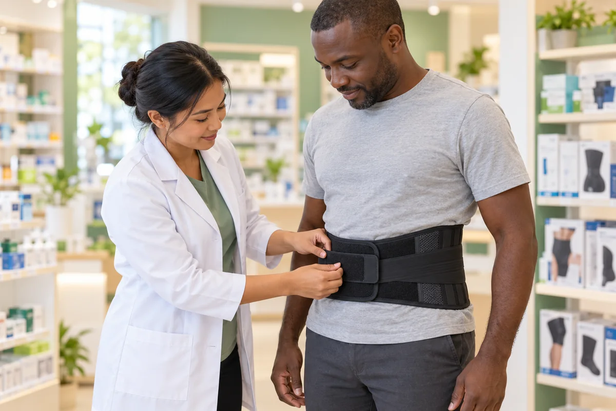 Une pharmacienne aide un client à ajuster une ceinture lombaire